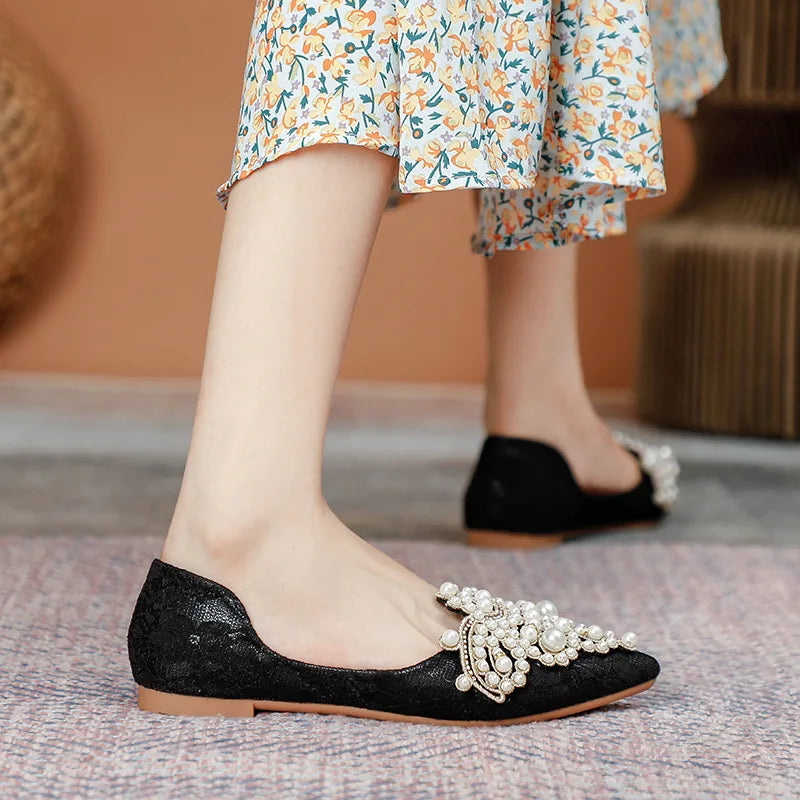 Designer Beads Wedding Shoes Women 2022 Lace Embroider Flats Woman Ballerina Pointed Toe Pearl Loafers Sneakers Plus Size 35-43