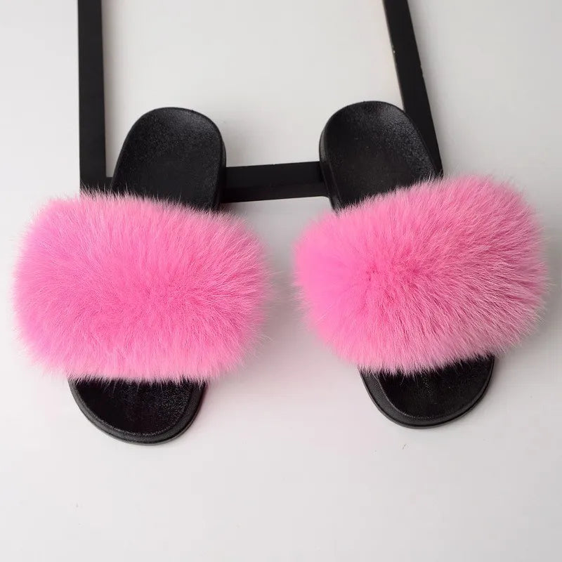 SARSALLYA Fur Slippers Women Real Fox Fur Slides Home Furry Flat Sandals Female Cute Fluffy House Shoes Woman Brand Luxury 2024