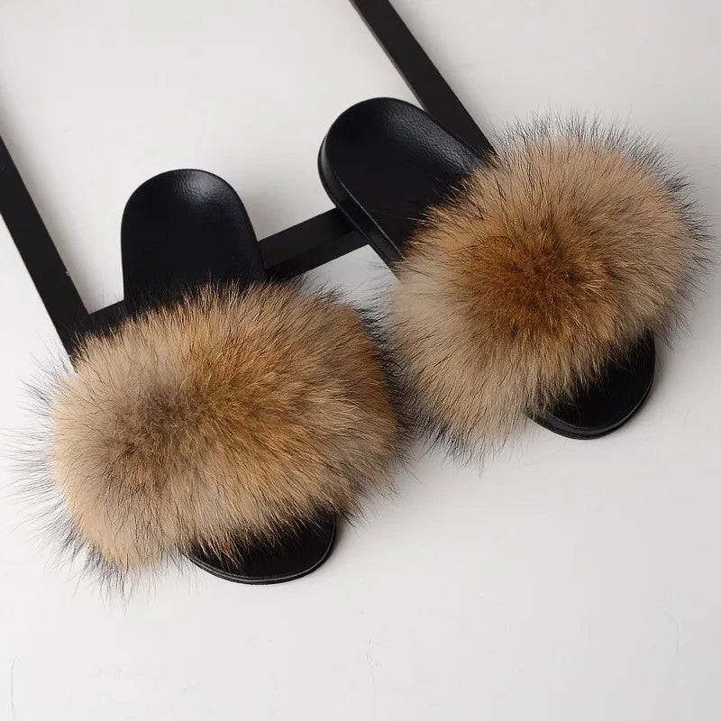 SARSALLYA Fur Slippers Women Real Fox Fur Slides Home Furry Flat Sandals Female Cute Fluffy House Shoes Woman Brand Luxury 2024