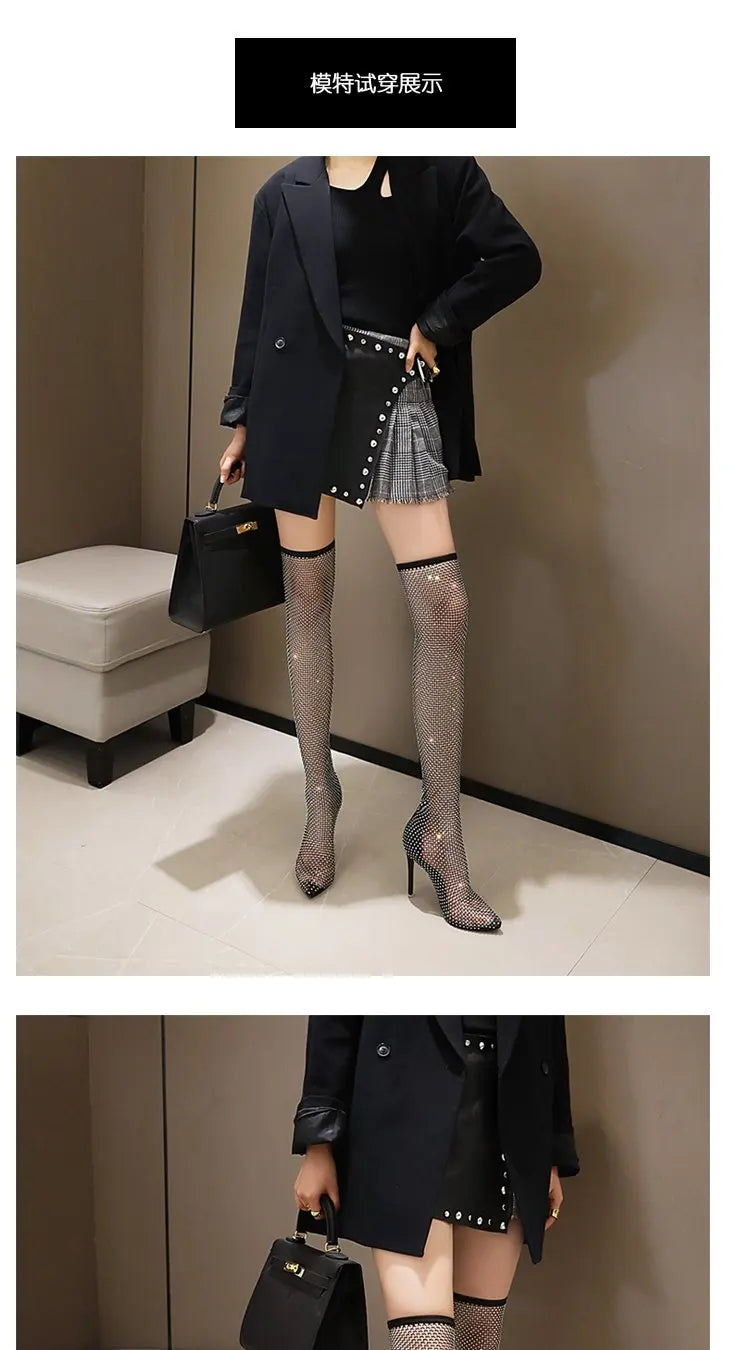 2021 Hot Nightclub Crystal Bling Summer Breathable Pointed Toe Super stiletto High Heels rhinestone gladiator boot