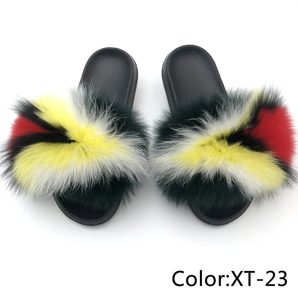 SARSALLYA Fur Slippers Women Real Fox Fur Slides Home Furry Flat Sandals Female Cute Fluffy House Shoes Woman Brand Luxury 2024