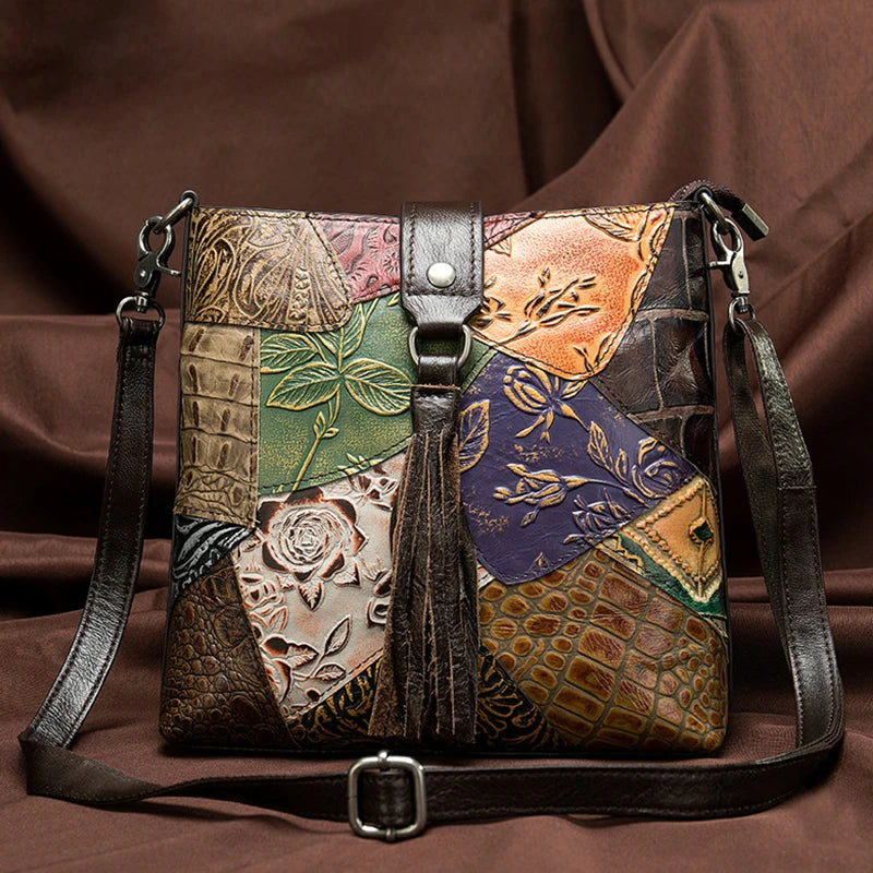 MAHEU Fashionable Women Shoulder Bag Ethnic Style Genuine Leather Crossbody Bags of Female Ladies Patchwork Leather Sling Bag