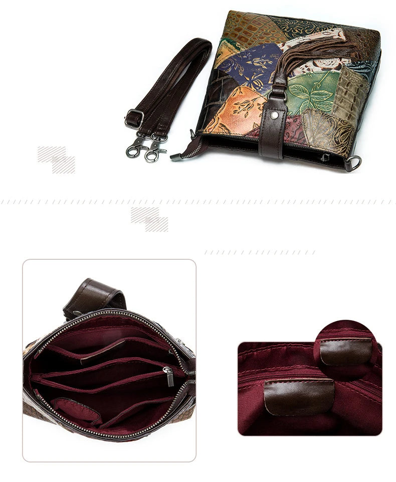 MAHEU Fashionable Women Shoulder Bag Ethnic Style Genuine Leather Crossbody Bags of Female Ladies Patchwork Leather Sling Bag