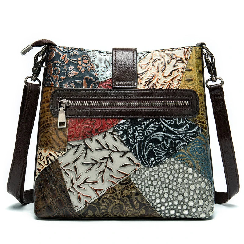 MAHEU Fashionable Women Shoulder Bag Ethnic Style Genuine Leather Crossbody Bags of Female Ladies Patchwork Leather Sling Bag