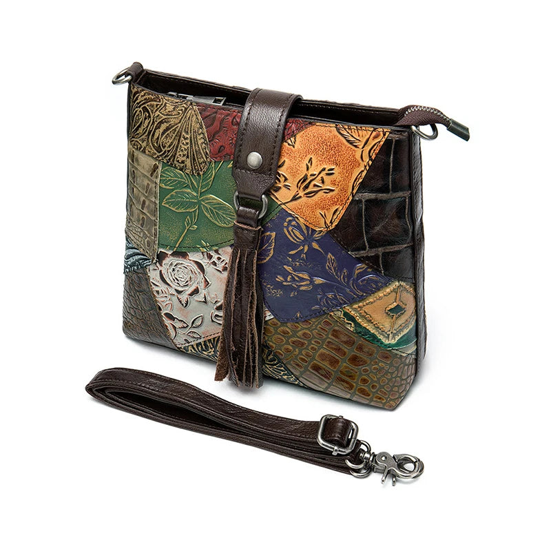 MAHEU Fashionable Women Shoulder Bag Ethnic Style Genuine Leather Crossbody Bags of Female Ladies Patchwork Leather Sling Bag
