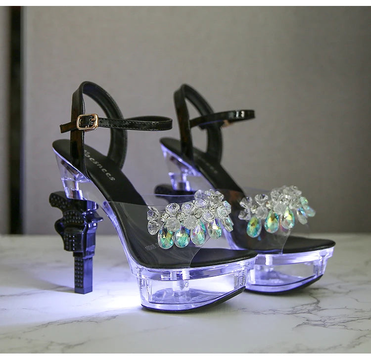Voesnees Ultra-heeled Sandals LED Glowing Platform Women Shoes  Sexy Rhinestones Pistol High Heels Female Stiletto Wedding Shoes