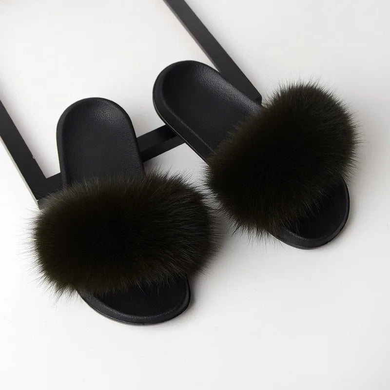 SARSALLYA Fur Slippers Women Real Fox Fur Slides Home Furry Flat Sandals Female Cute Fluffy House Shoes Woman Brand Luxury 2024