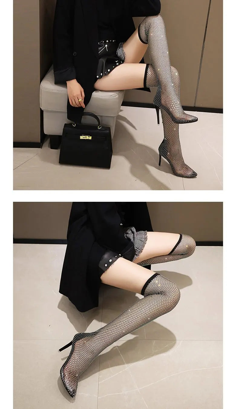 2021 Hot Nightclub Crystal Bling Summer Breathable Pointed Toe Super stiletto High Heels rhinestone gladiator boot