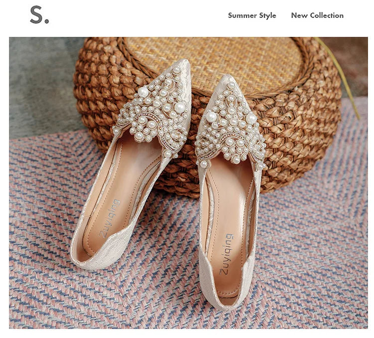Designer Beads Wedding Shoes Women 2022 Lace Embroider Flats Woman Ballerina Pointed Toe Pearl Loafers Sneakers Plus Size 35-43