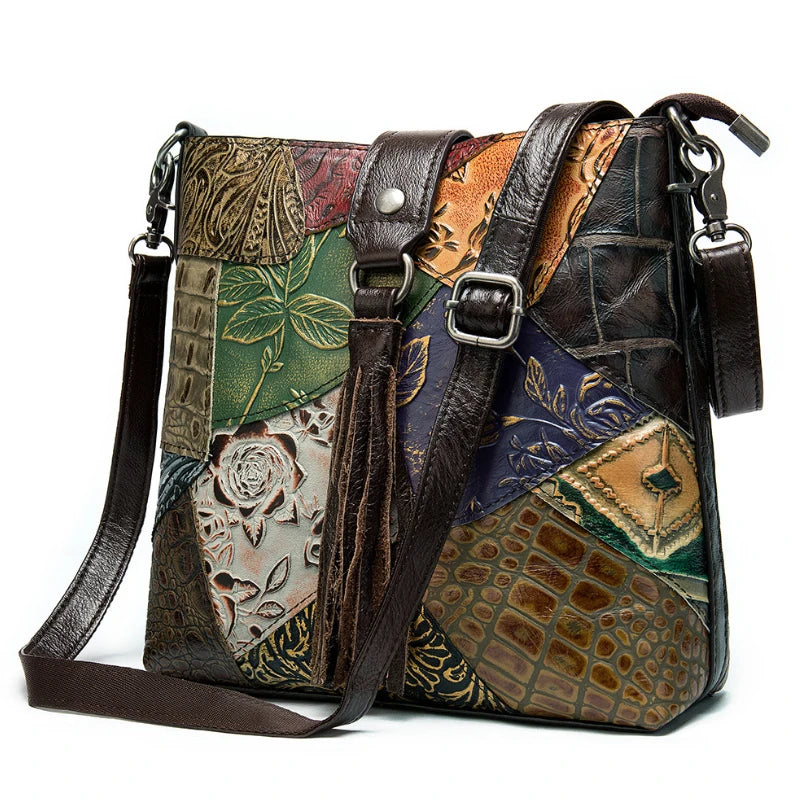 MAHEU Fashionable Women Shoulder Bag Ethnic Style Genuine Leather Crossbody Bags of Female Ladies Patchwork Leather Sling Bag