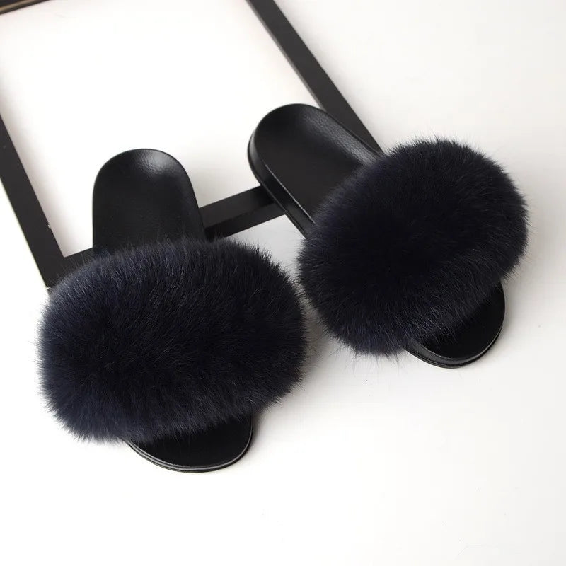 SARSALLYA Fur Slippers Women Real Fox Fur Slides Home Furry Flat Sandals Female Cute Fluffy House Shoes Woman Brand Luxury 2024