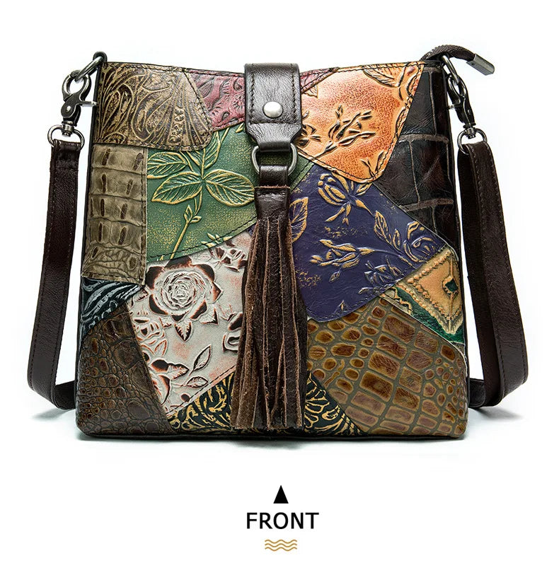 MAHEU Fashionable Women Shoulder Bag Ethnic Style Genuine Leather Crossbody Bags of Female Ladies Patchwork Leather Sling Bag