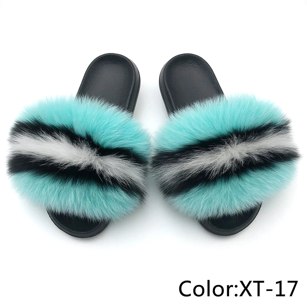 SARSALLYA Fur Slippers Women Real Fox Fur Slides Home Furry Flat Sandals Female Cute Fluffy House Shoes Woman Brand Luxury 2024