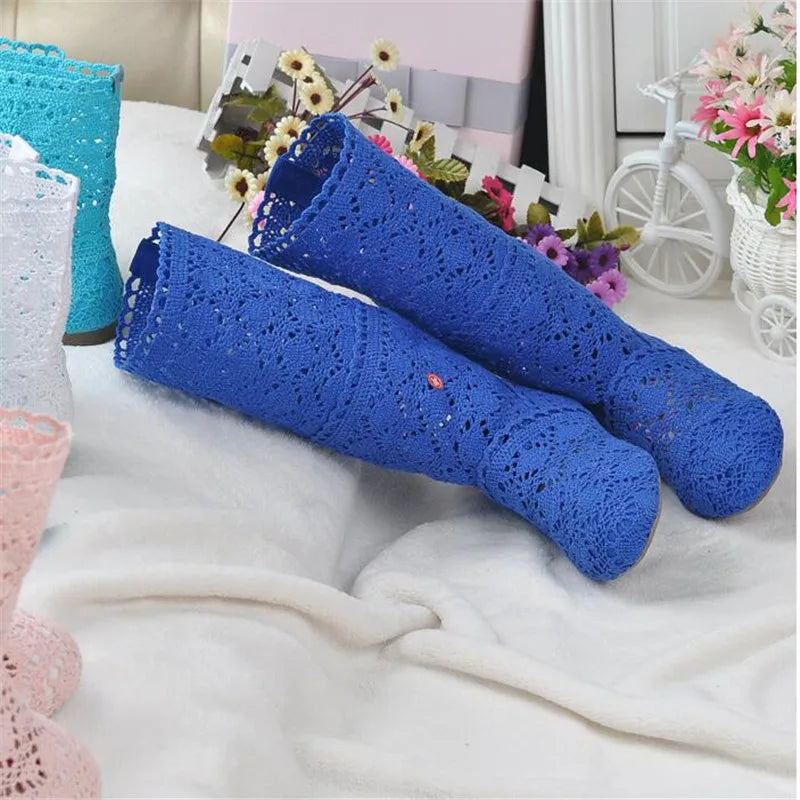 Boots Shoes Breathable Knit Line Mesh Korean High Summer Women Boots Knee High