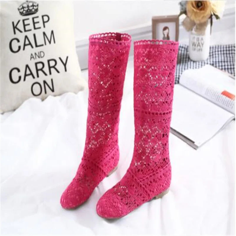 Boots Shoes Breathable Knit Line Mesh Korean High Summer Women Boots Knee High