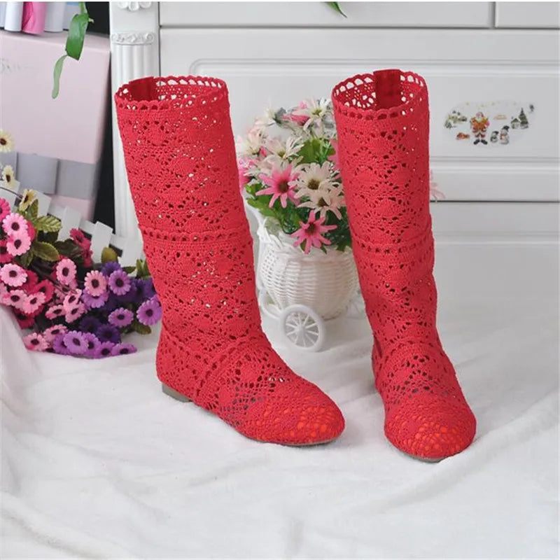 Boots Shoes Breathable Knit Line Mesh Korean High Summer Women Boots Knee High