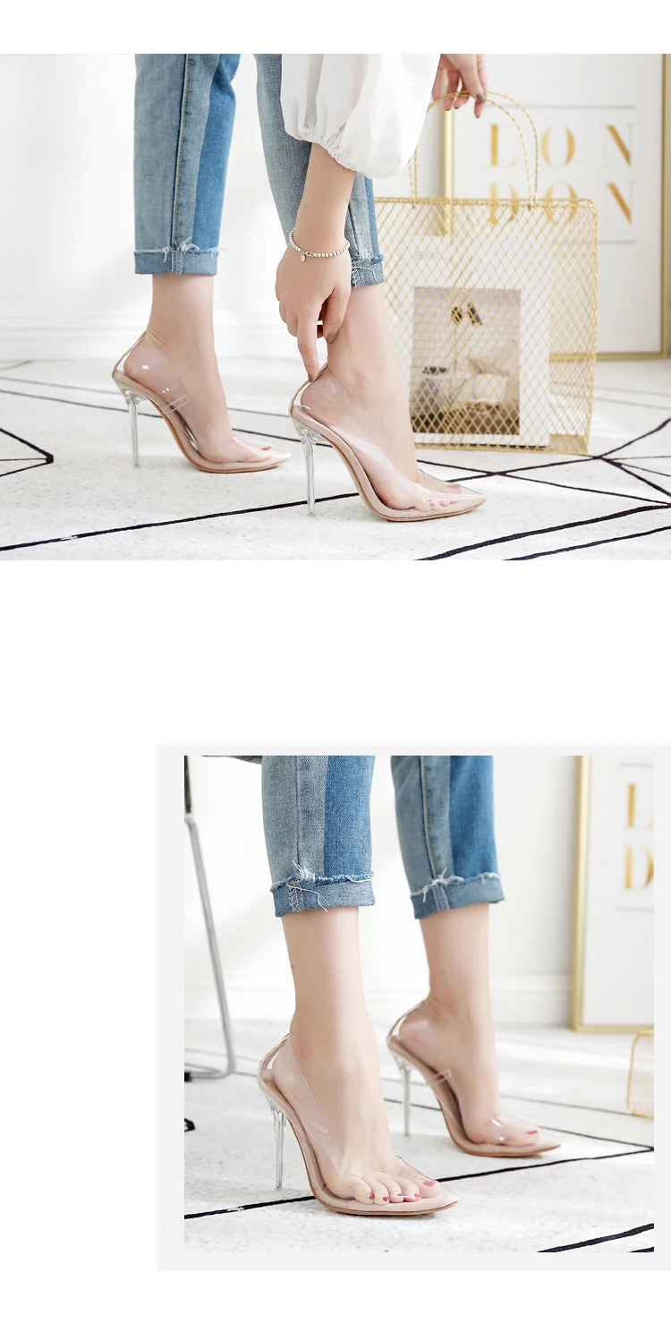 Eilyken Clear PVC Transparent Pumps Sandals Perspex Stilettos High Heels Pointed Toe Womens Nightclub Zapatillas De Mujer
