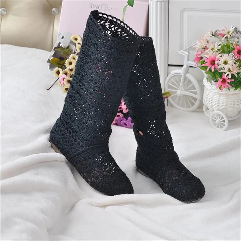 Boots Shoes Breathable Knit Line Mesh Korean High Summer Women Boots Knee High