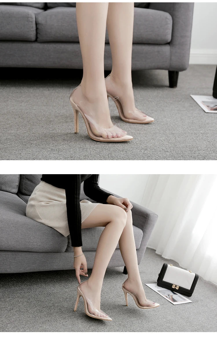 Eilyken Clear PVC Transparent Pumps Sandals Perspex Stilettos High Heels Pointed Toe Womens Nightclub Zapatillas De Mujer