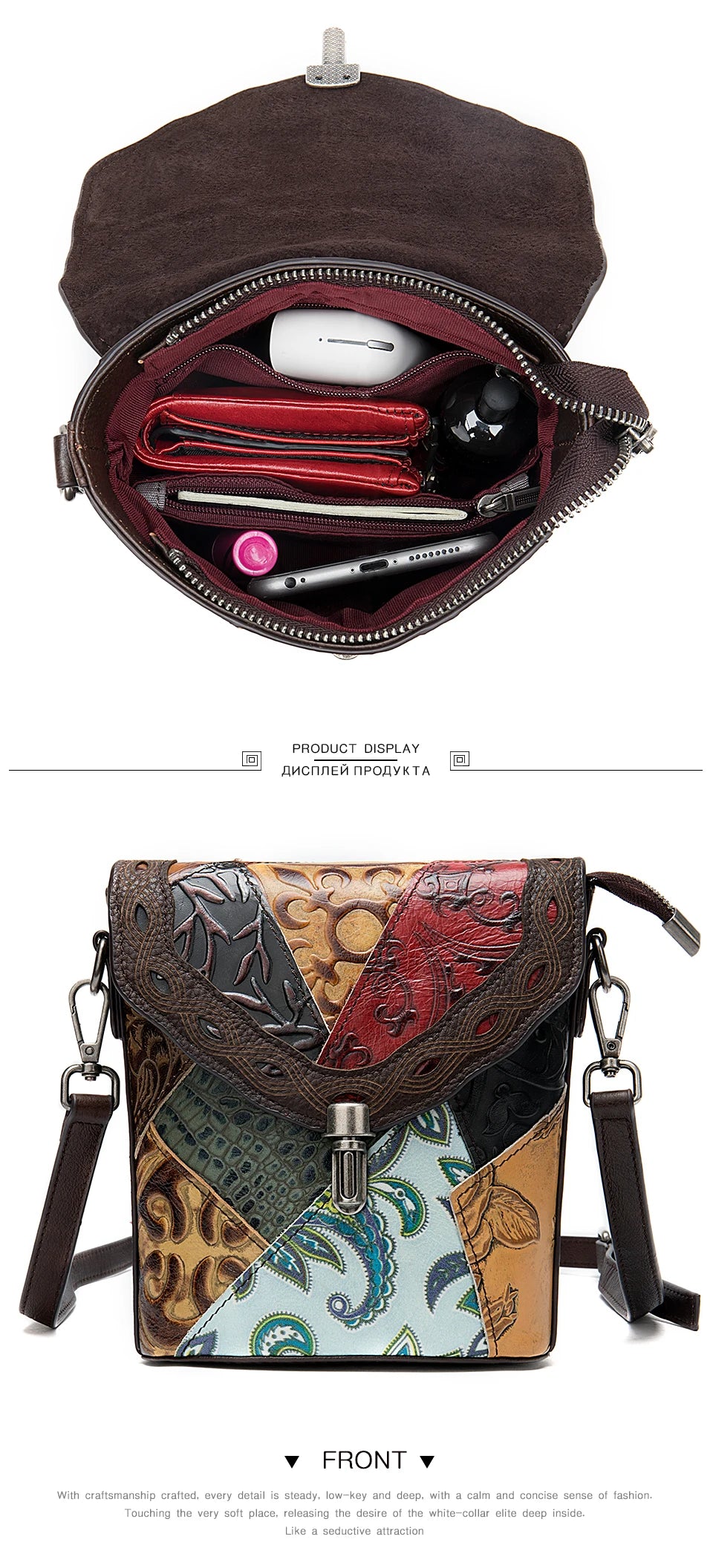 MAHEU Fashionable Women Shoulder Bag Ethnic Style Genuine Leather Crossbody Bags of Female Ladies Patchwork Leather Sling Bag