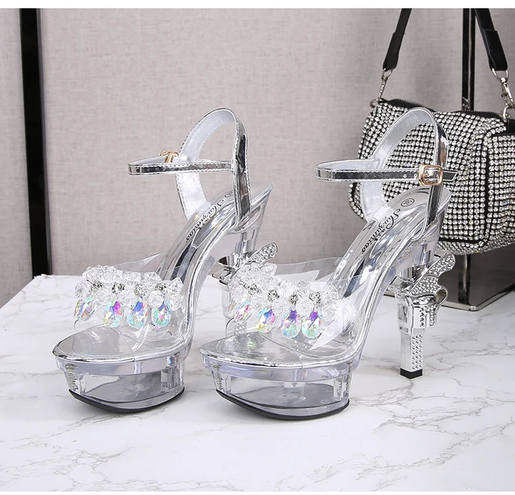 Voesnees Ultra-heeled Sandals LED Glowing Platform Women Shoes  Sexy Rhinestones Pistol High Heels Female Stiletto Wedding Shoes