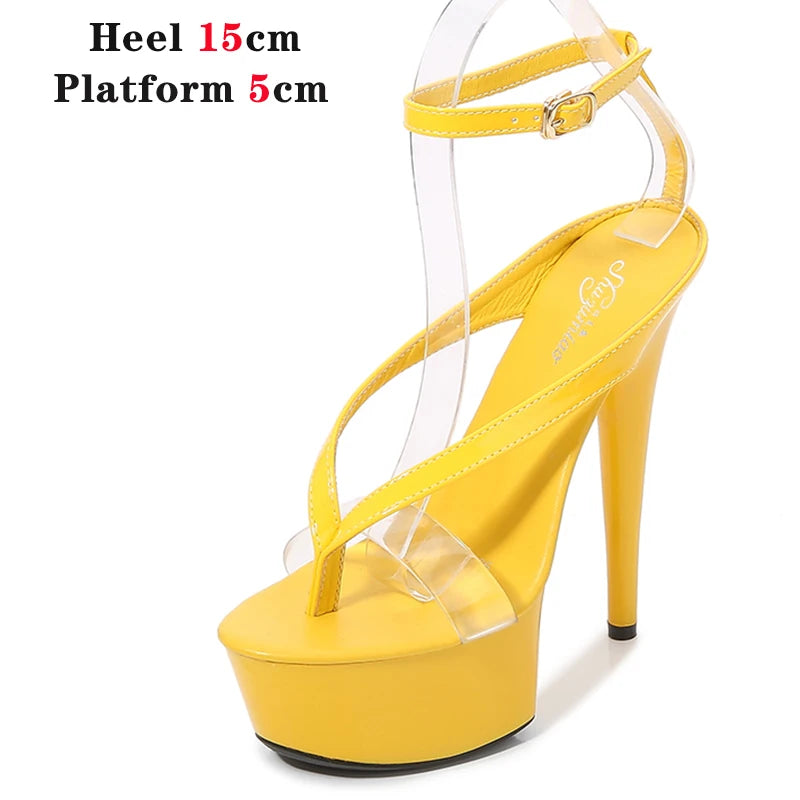 Walking Show Stripper Heels Clear Shoes Woman Platforms 15cm High Heels Sandals Women Sexy Fish Toe Wedding Shoes Flip Flops