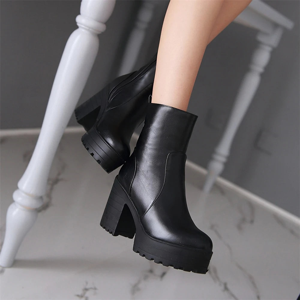 Western Fashion Booties Round Toe Zipper Women's Shoes Super High Thick Heel Ankle Boots Womens Platform Heels Lady Footwear