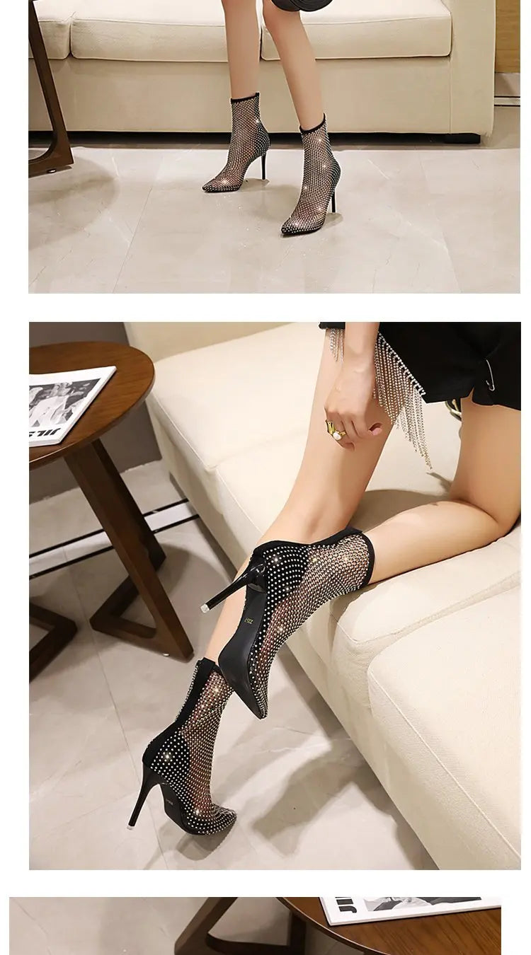 2021 Hot Nightclub Crystal Bling Summer Breathable Pointed Toe Super stiletto High Heels rhinestone gladiator boot