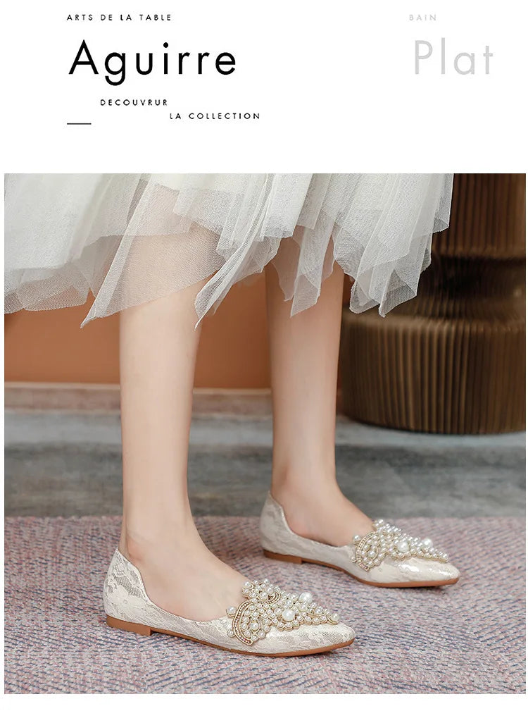Designer Beads Wedding Shoes Women 2022 Lace Embroider Flats Woman Ballerina Pointed Toe Pearl Loafers Sneakers Plus Size 35-43