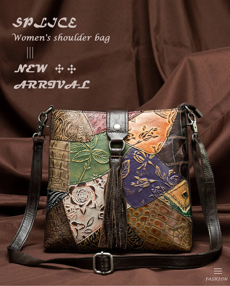 MAHEU Fashionable Women Shoulder Bag Ethnic Style Genuine Leather Crossbody Bags of Female Ladies Patchwork Leather Sling Bag