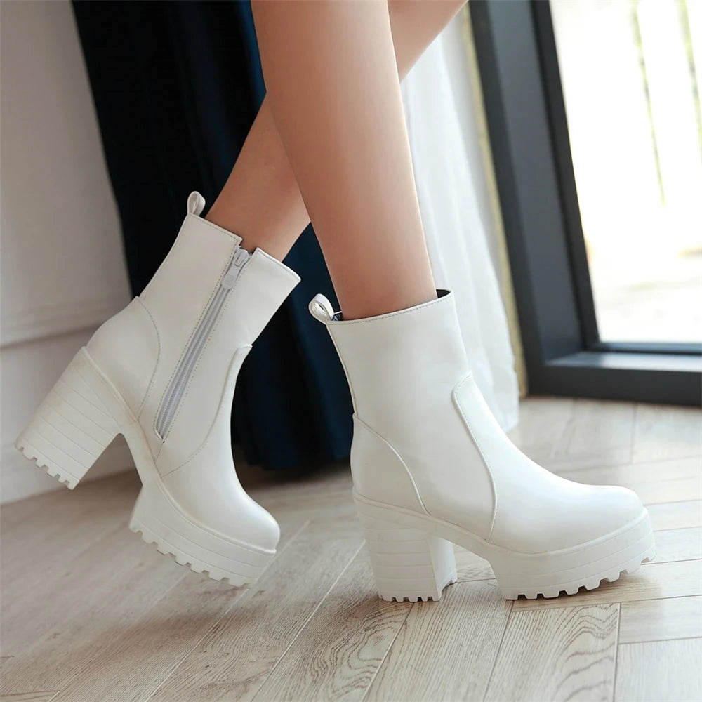 Western Fashion Booties Round Toe Zipper Women's Shoes Super High Thick Heel Ankle Boots Womens Platform Heels Lady Footwear