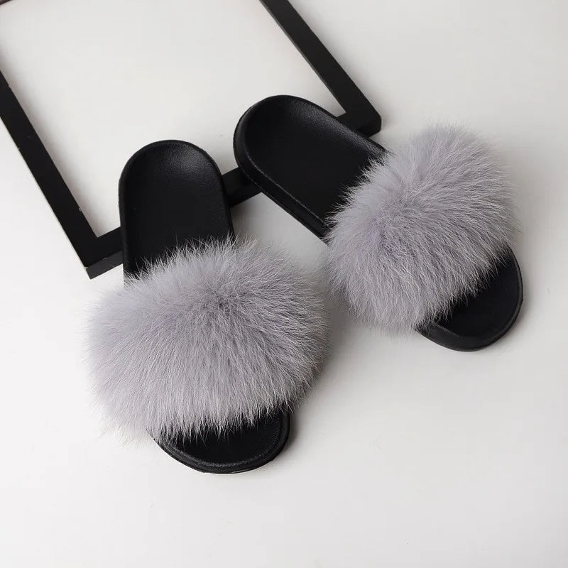 SARSALLYA Fur Slippers Women Real Fox Fur Slides Home Furry Flat Sandals Female Cute Fluffy House Shoes Woman Brand Luxury 2024