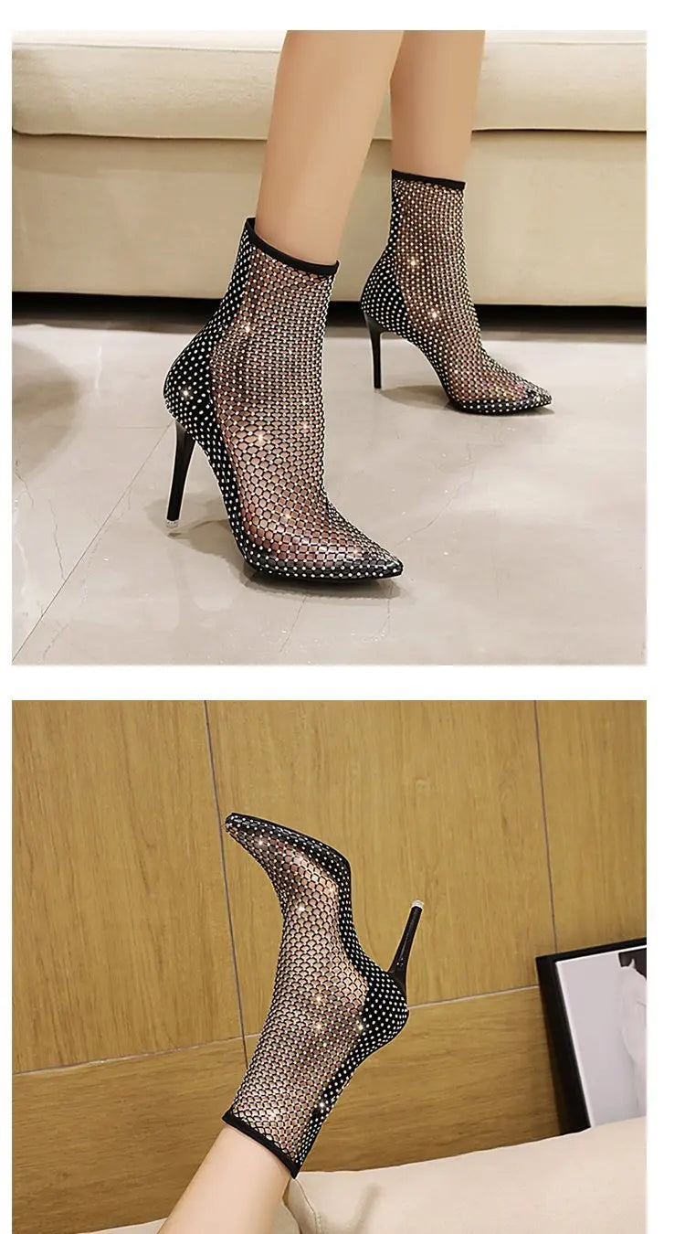 2021 Hot Nightclub Crystal Bling Summer Breathable Pointed Toe Super stiletto High Heels rhinestone gladiator boot