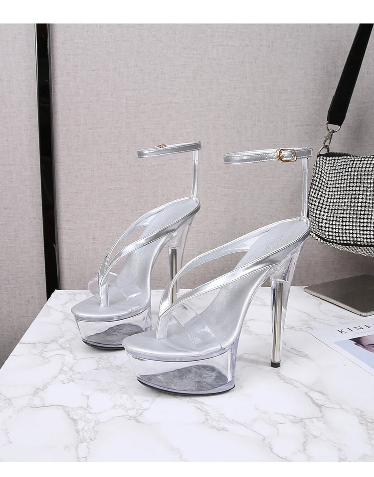 Walking Show Stripper Heels Clear Shoes Woman Platforms 15cm High Heels Sandals Women Sexy Fish Toe Wedding Shoes Flip Flops