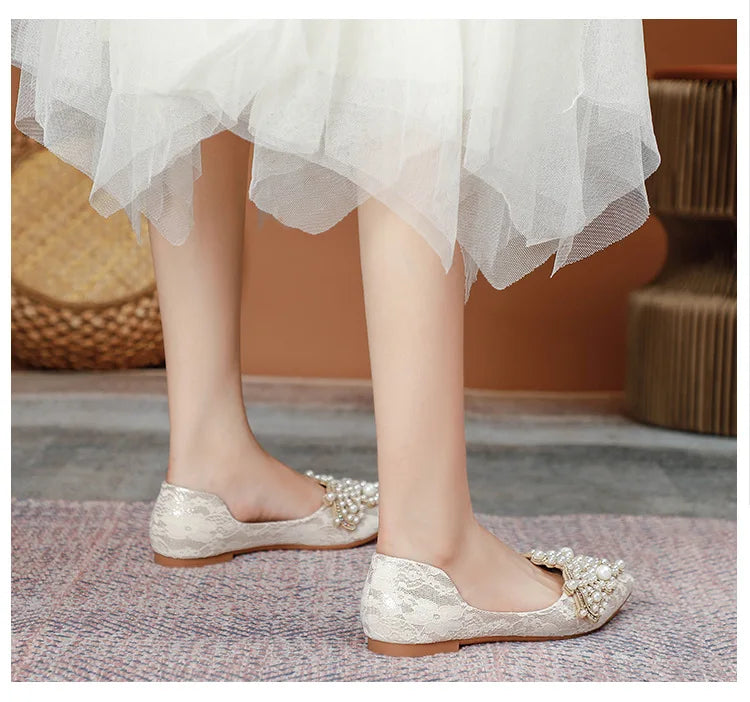 Designer Beads Wedding Shoes Women 2022 Lace Embroider Flats Woman Ballerina Pointed Toe Pearl Loafers Sneakers Plus Size 35-43