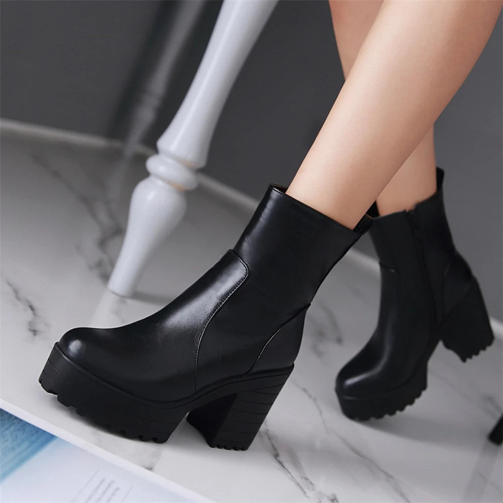 Western Fashion Booties Round Toe Zipper Women's Shoes Super High Thick Heel Ankle Boots Womens Platform Heels Lady Footwear