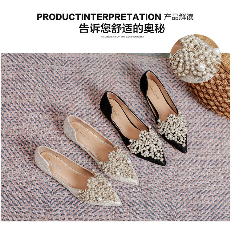 Designer Beads Wedding Shoes Women 2022 Lace Embroider Flats Woman Ballerina Pointed Toe Pearl Loafers Sneakers Plus Size 35-43