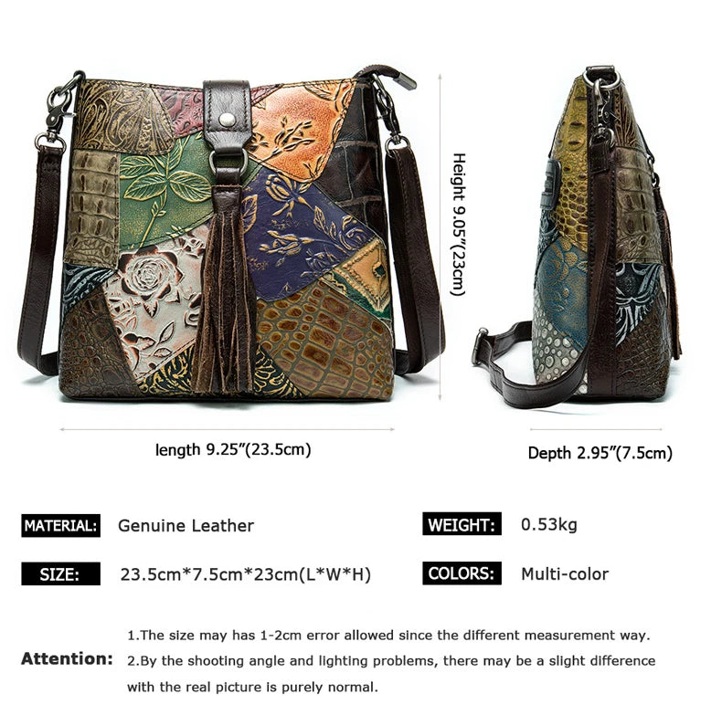 MAHEU Fashionable Women Shoulder Bag Ethnic Style Genuine Leather Crossbody Bags of Female Ladies Patchwork Leather Sling Bag