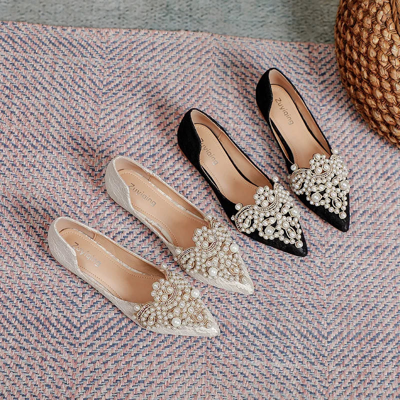 Designer Beads Wedding Shoes Women 2022 Lace Embroider Flats Woman Ballerina Pointed Toe Pearl Loafers Sneakers Plus Size 35-43