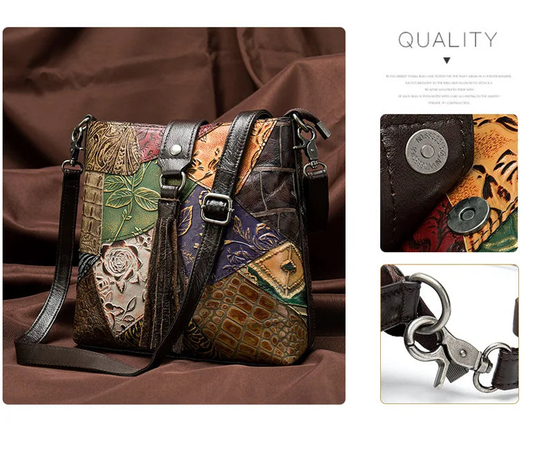 MAHEU Fashionable Women Shoulder Bag Ethnic Style Genuine Leather Crossbody Bags of Female Ladies Patchwork Leather Sling Bag
