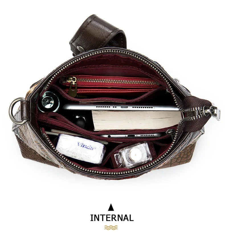 MAHEU Fashionable Women Shoulder Bag Ethnic Style Genuine Leather Crossbody Bags of Female Ladies Patchwork Leather Sling Bag