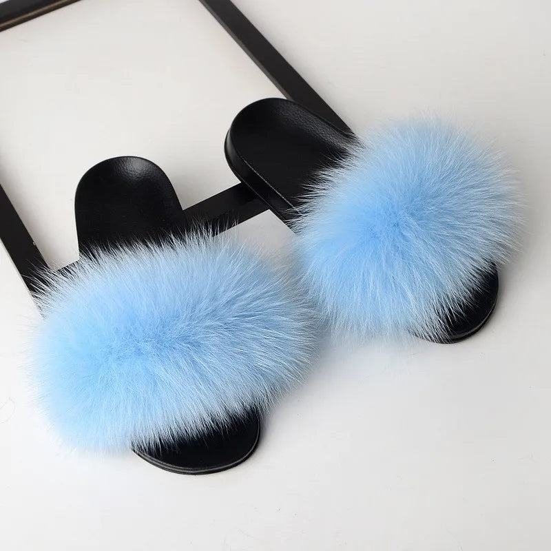 SARSALLYA Fur Slippers Women Real Fox Fur Slides Home Furry Flat Sandals Female Cute Fluffy House Shoes Woman Brand Luxury 2024