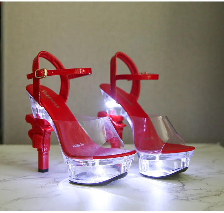 Voesnees Ultra-heeled Sandals LED Glowing Platform Women Shoes  Sexy Rhinestones Pistol High Heels Female Stiletto Wedding Shoes