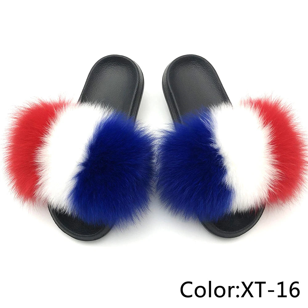 SARSALLYA Fur Slippers Women Real Fox Fur Slides Home Furry Flat Sandals Female Cute Fluffy House Shoes Woman Brand Luxury 2024