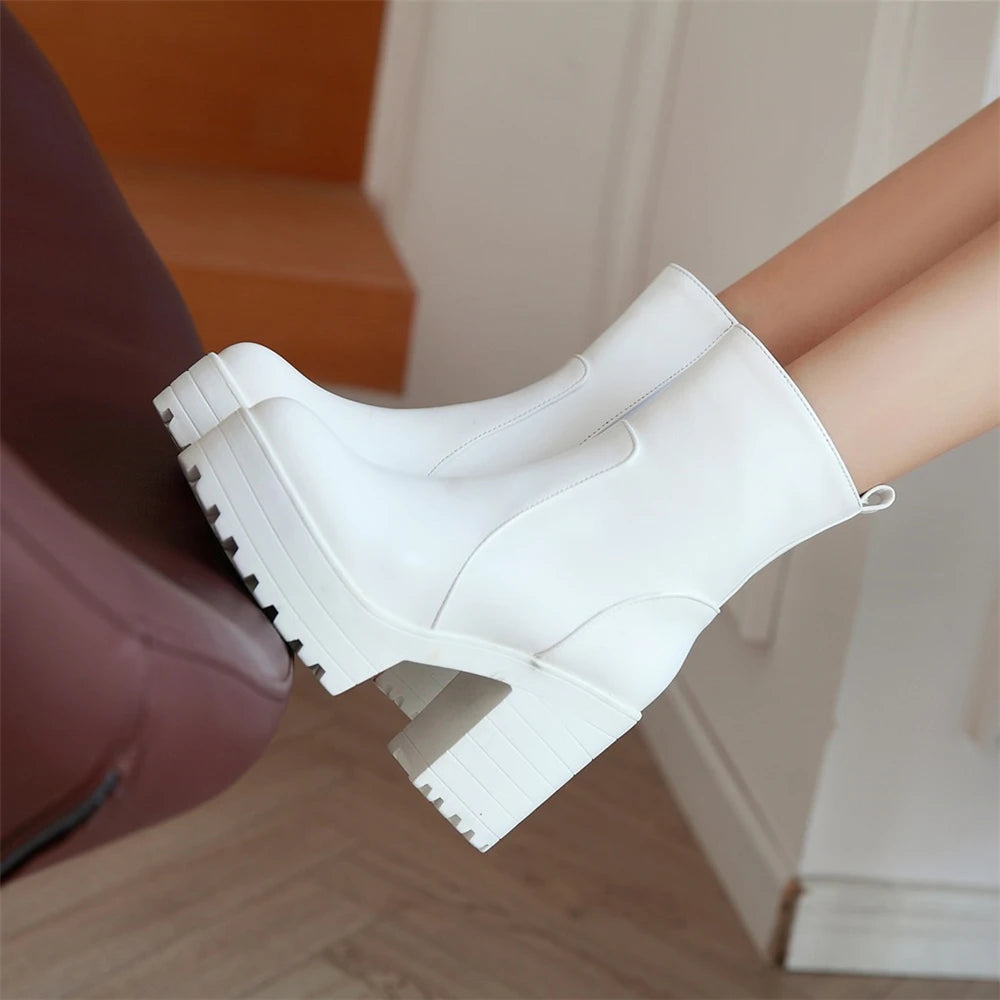 Western Fashion Booties Round Toe Zipper Women's Shoes Super High Thick Heel Ankle Boots Womens Platform Heels Lady Footwear