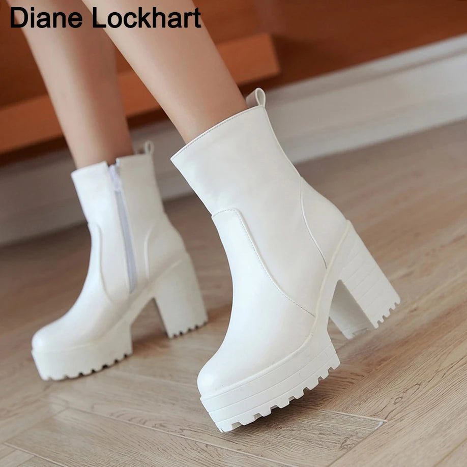 Western Fashion Booties Round Toe Zipper Women's Shoes Super High Thick Heel Ankle Boots Womens Platform Heels Lady Footwear