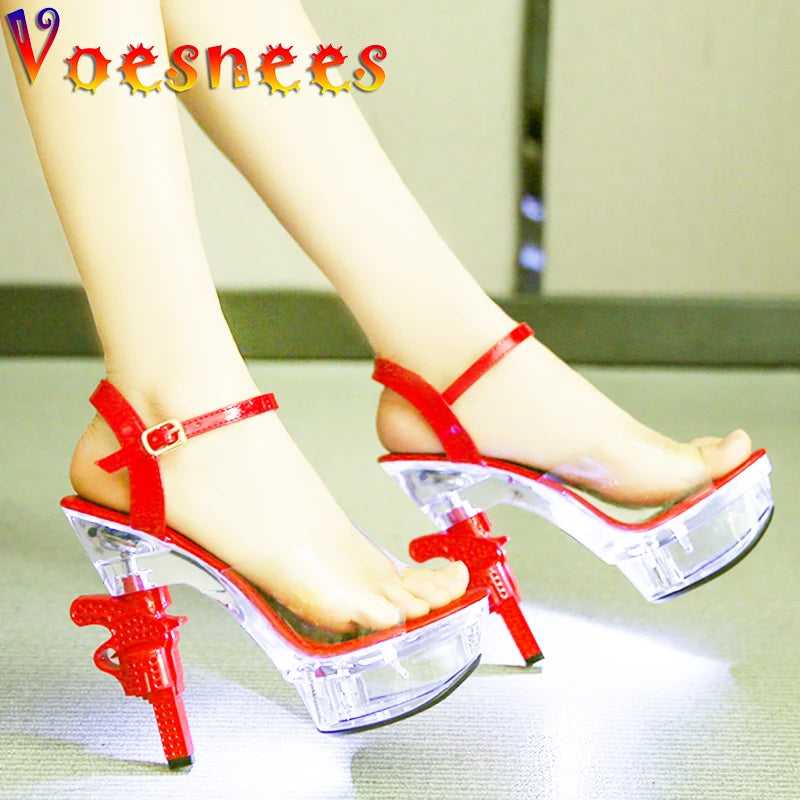 Voesnees Ultra-heeled Sandals LED Glowing Platform Women Shoes  Sexy Rhinestones Pistol High Heels Female Stiletto Wedding Shoes