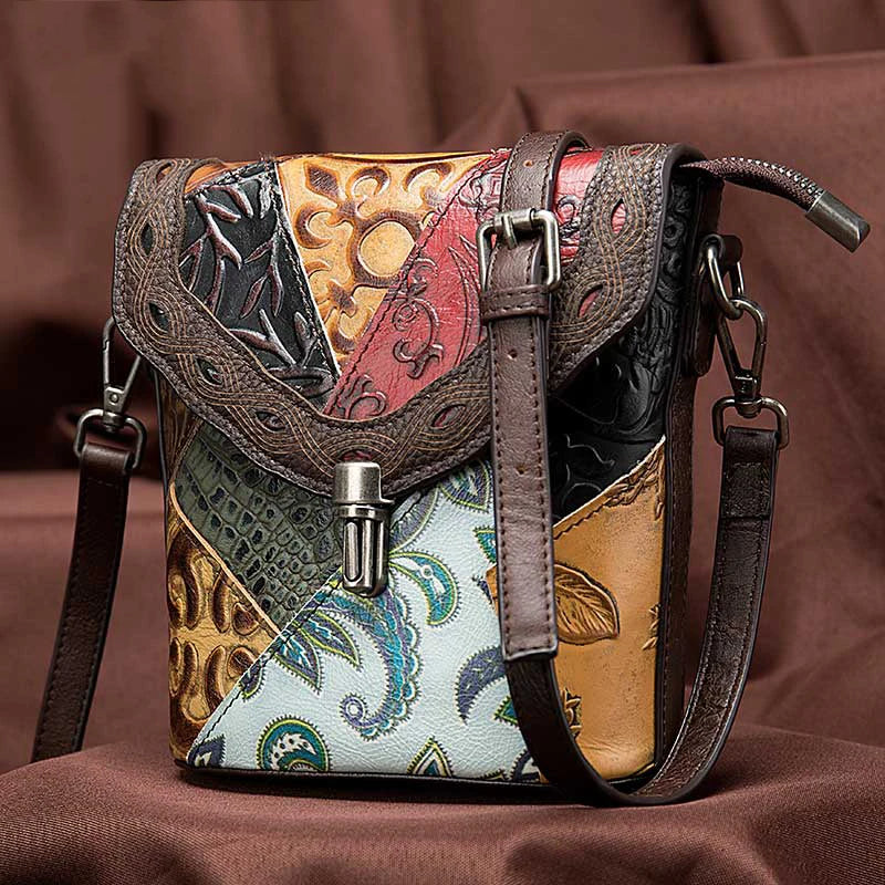 MAHEU Fashionable Women Shoulder Bag Ethnic Style Genuine Leather Crossbody Bags of Female Ladies Patchwork Leather Sling Bag