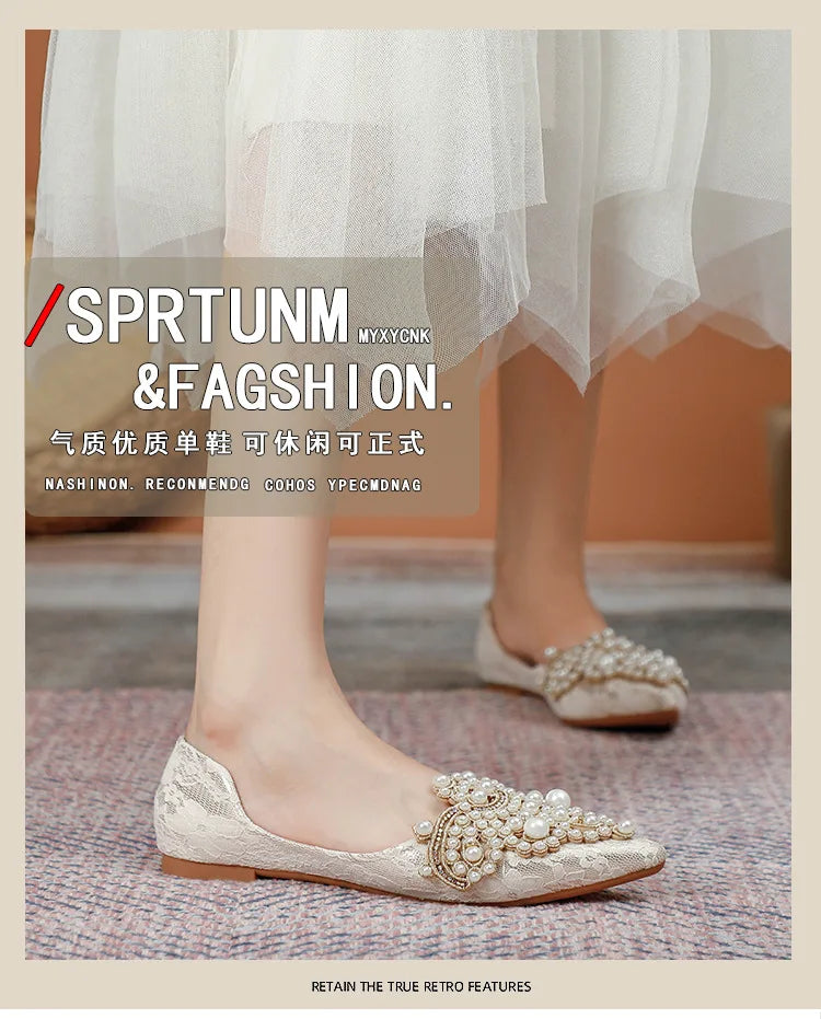 Designer Beads Wedding Shoes Women 2022 Lace Embroider Flats Woman Ballerina Pointed Toe Pearl Loafers Sneakers Plus Size 35-43