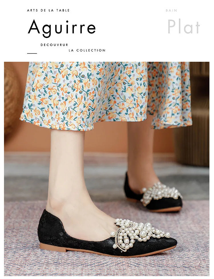 Designer Beads Wedding Shoes Women 2022 Lace Embroider Flats Woman Ballerina Pointed Toe Pearl Loafers Sneakers Plus Size 35-43